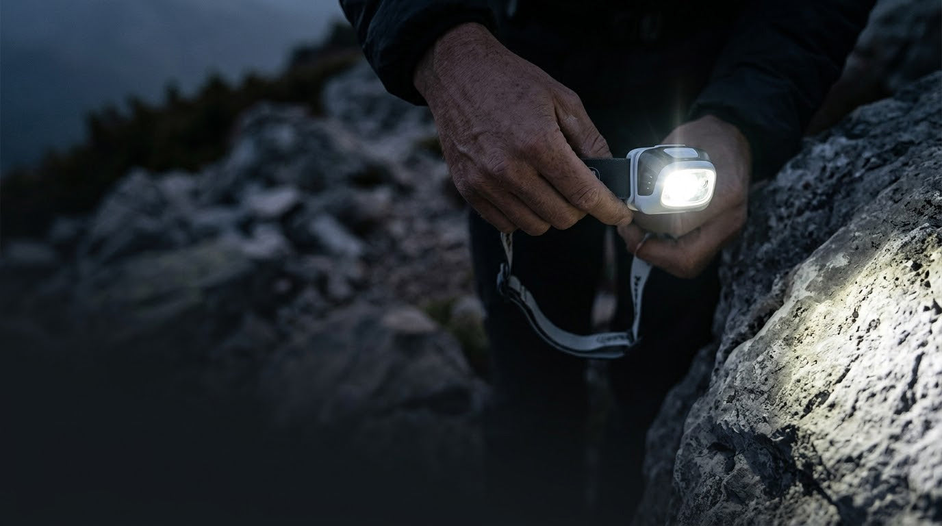 planinarska čeona lampa tokom noćnog planinarenja
